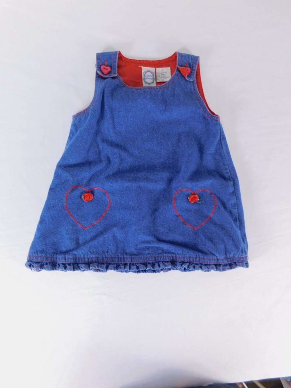 Little Lindsey Overall Dress Girls 12-18 Months Blue Denim Heart Ruffle Hem